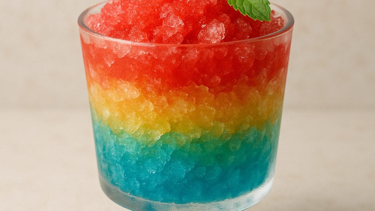 Vibrant rainbow slush with fresh mint, refreshing and colorful.