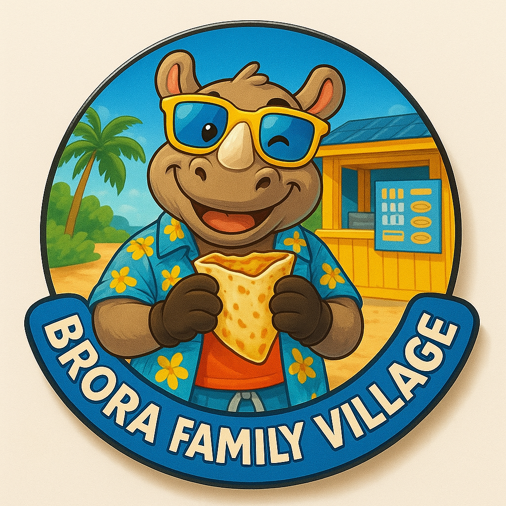 Simpatica mascotte tropicale con occhiali e cibo, atmosfera di gioia e vacanza.